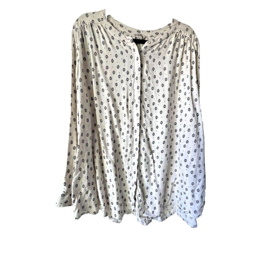 Womens long sleeve cream black geometric blouse top button front plus size 3X